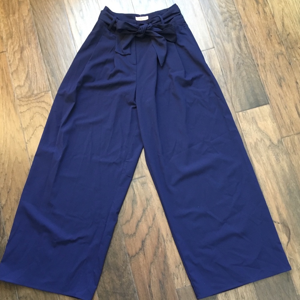Navy Tie High-Waist Pants